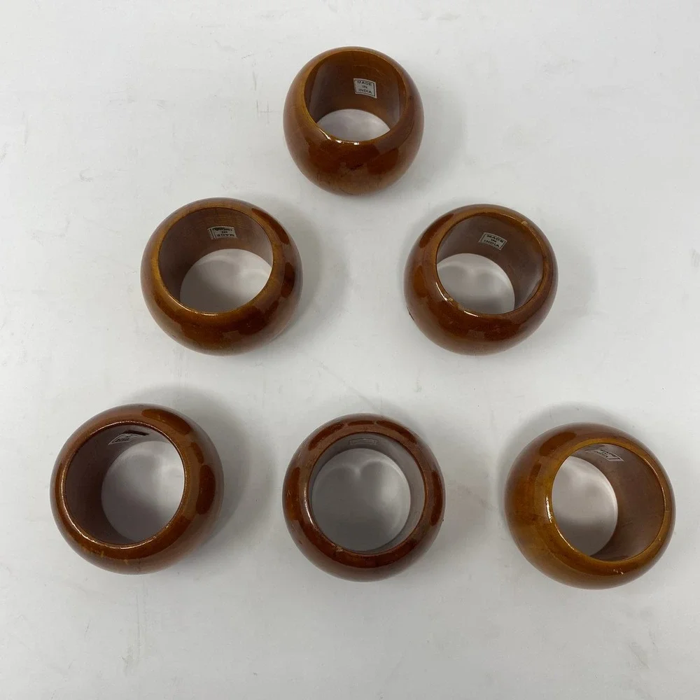 Vintage Napkin Rings‎ Brown Set of 6 Wood Round Made in India